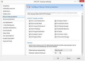 Showing the AVG PC Tuneup settings for the Rescue Center module